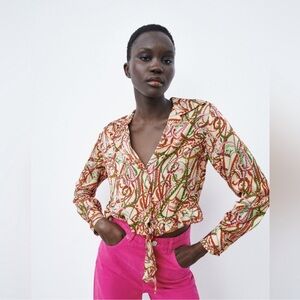 Zara Silk Long Sleeve Cropped Blouse